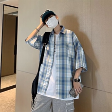 夏季宽松格子衬衫短袖上衣时尚潮牌C330p33，男装衬衫，星座1013