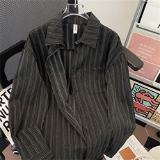 翻领日系复古条纹衬衫男女生学院风潮牌长袖宽松衬衣C008-P50，男装衬衫，星座308B-1