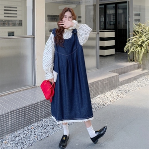 慵懒风减龄波点衬衫牛仔背带连衣裙套装女春秋新款日系宽松两件套图片