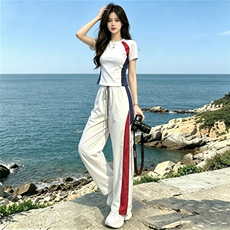潮流时尚休闲运动套装女夏季新款显瘦竖纹圆领短袖上衣长裤两件套，女装套装/套裙，江南
