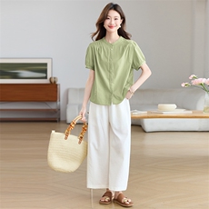 纯棉短袖衬衫女夏季2025年新款中年妈妈宽松休闲减龄百搭圆领上衣，女装套装/套裙，木子恋