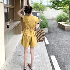 夏装韩系收腰绑带亚麻短袖+短裤两件套2C239-H87-P145-K218，女装套装/套裙，2C239