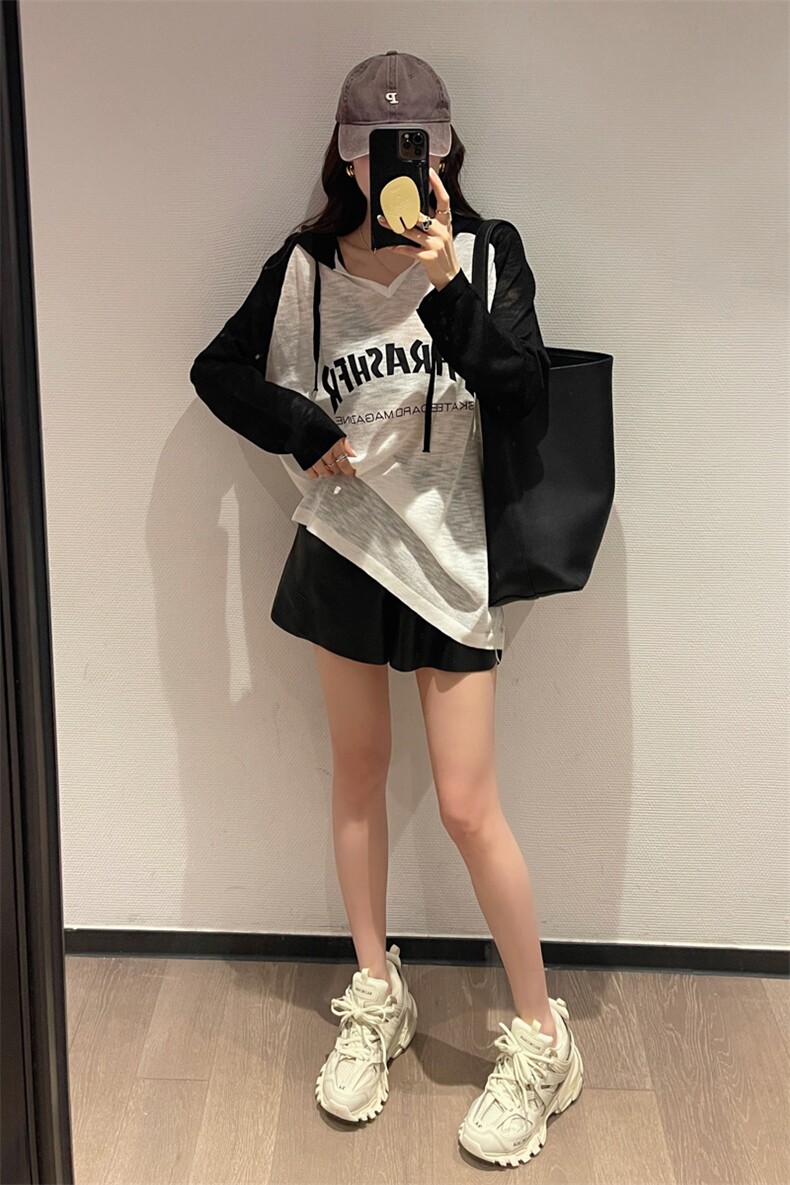 插肩袖V领拼色针织衫字母T恤女2022年早秋新款韩版简约百搭上衣,针织衫/毛衣,辉之琳