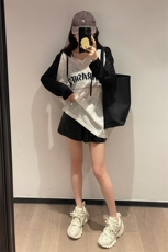 插肩袖V领拼色针织衫字母T恤女2022年早秋新款韩版简约百搭上衣，女装针织衫/毛衣，辉之琳