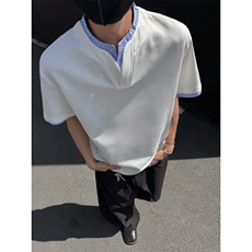 抖音品质夏季新款美式假两件立领宽松短袖B315-ST003-特p25控48，男装T恤，电商B315