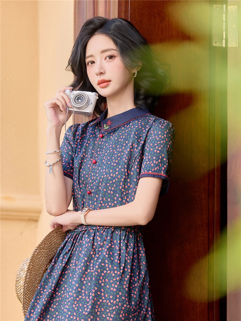 田园风斜领碎花刺绣连衣裙女春夏收腰显瘦中长裙（细节图颜色为）,女装连衣裙,水衣源