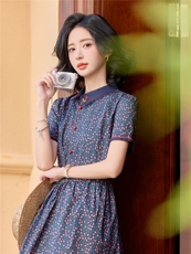田园风斜领碎花刺绣连衣裙女春夏收腰显瘦中长裙（细节图颜色为），女装连衣裙，水衣源