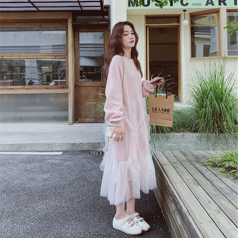 【主推现货】高品质粉色杏色长袖网纱裙8237-P150-K218,女装连衣裙,2C137
