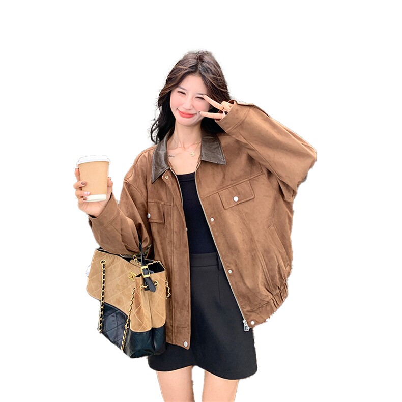 美拉德棕色麂皮绒短外套女2025秋季美式复古炸街pu皮翻领宽松夹克,女装短外套,2C025