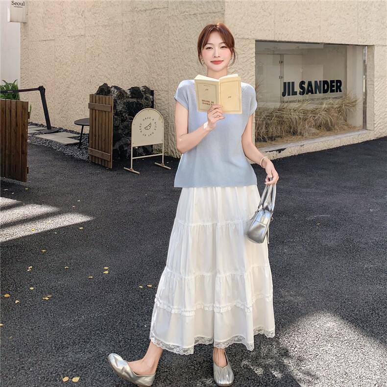 法式时尚蕾丝拼接短袖配高腰显瘦上衣蛋糕裙半身裙套装两件套夏季,女装套装/套裙,2C135