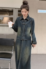 时尚显瘦牛仔套装半身裙两件套气质百搭长袖外套+高腰A字裙春季必备单品，女装套装/套裙，秋水欣儿