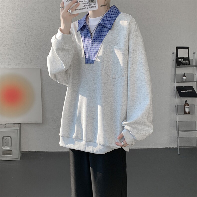 WY10153-特P48控88小众撞色面料拼接格子假两件大码男宽松卫衣,男装卫衣,电商A059
