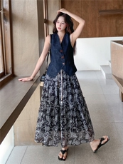 《26夏上新》复古水洗收腰薄牛仔+波西米亚大裙摆半裙两件套女，女装套装/套裙，时尚风爆