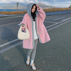 撞色拼接连帽粉色羊羔毛外套女秋冬超火好看加绒加厚仿水貂绒大衣，女装派克服，2D078
