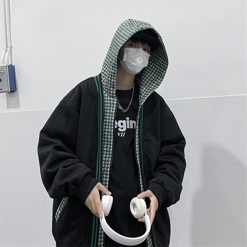 假两件外套男秋冬季潮流格子拼接夹克华夫格休闲衣服JK07356-P58图片