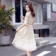 夏季特价高质感孕妇短袖连衣裙舒适凉快圆领气质蕾丝长裙,女装连衣裙,美吧服饰