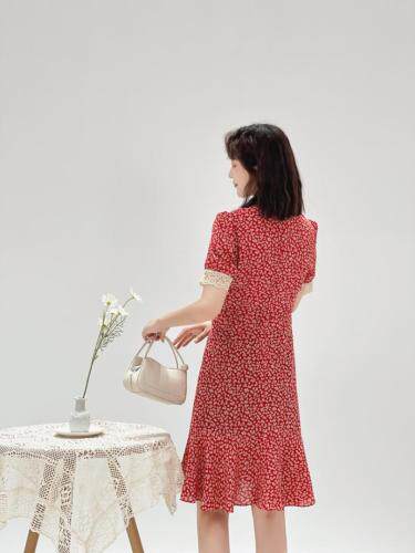 法式显瘦荷叶边鱼尾连衣裙，女装连衣裙，炅缇恩