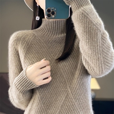 七针加厚半高领菱形斜纹女士羊毛衫，女装羊毛衫，九嘉羊绒