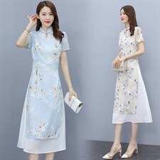 2023夏装新款时尚气质旗袍领设计简约优雅修身显瘦连衣裙，女装连衣裙，媚琳依坊