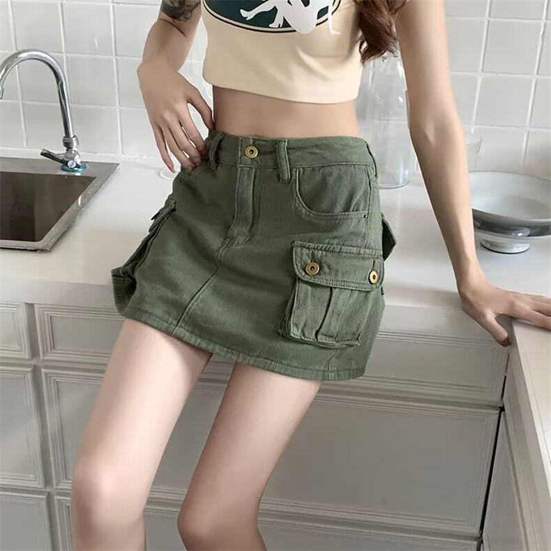 美式军绿色工装牛仔半身裙新款夏季高腰包臀a字辣妹短裙子裙裤子图片