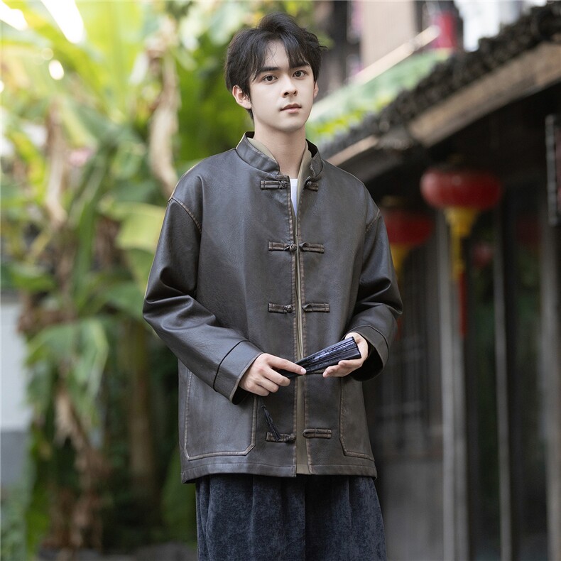 风PU皮复古盘扣小众设计感手工擦皮工艺立领唐装外套JK205,男装民族服装,星座305A（原312A-1）