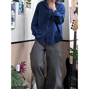 春夏纯色宝剑头长袖衬衫男女简约宽松潮流休闲百搭衬衣YH9955P40图片