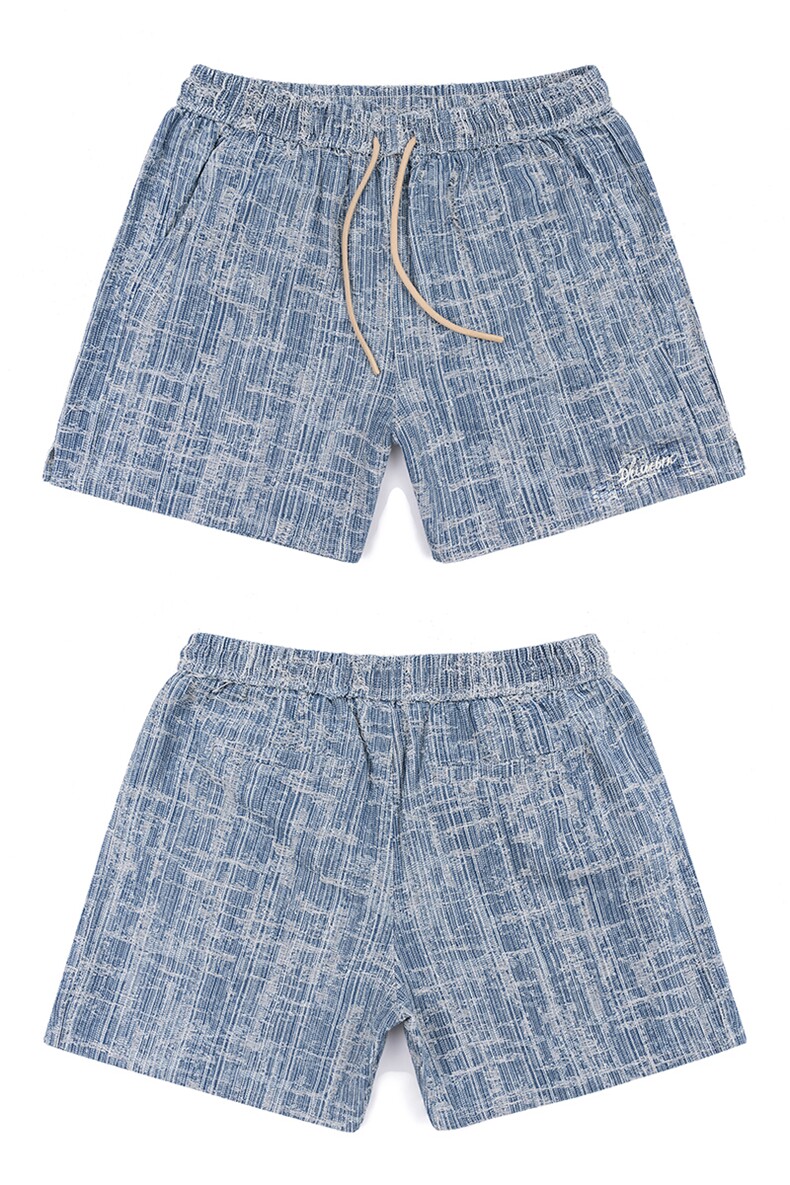 现货95棉5氨纶水洗左右设计感花纹牛仔四分短裤,男装牛仔裤,电商A105