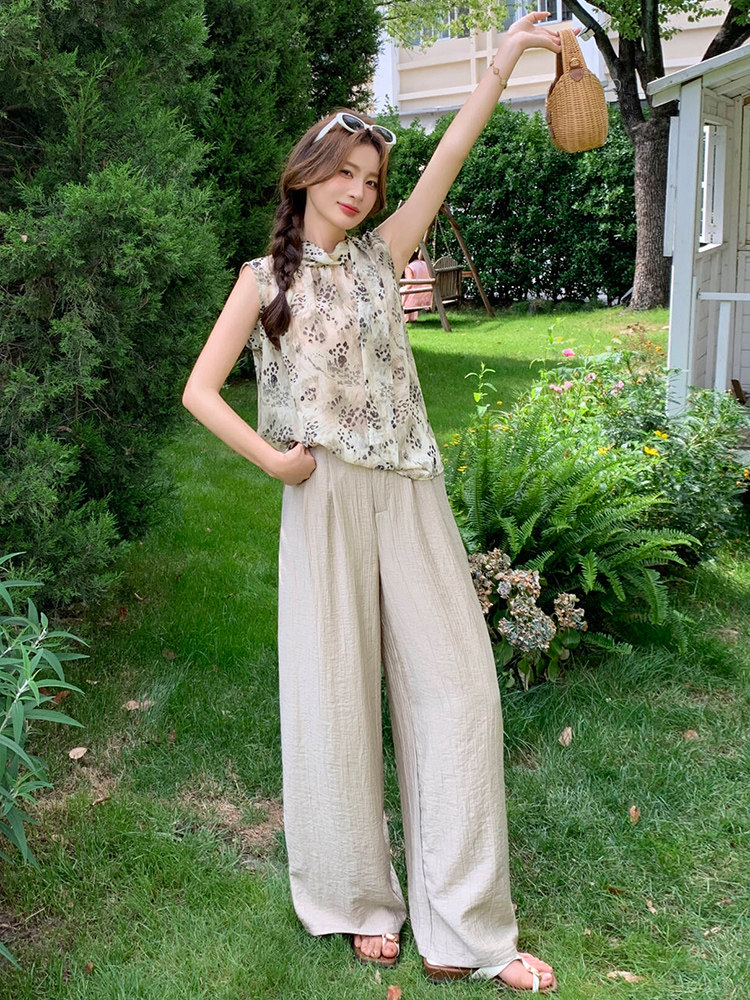 2026夏季新款韩系穿搭一整套轻熟气质印花无袖上衣阔腿裤两件套,女装套装/套裙,超帛