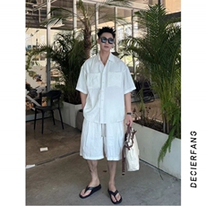 莱赛尔天丝亚麻套装男夏季薄款ootd穿搭老钱风男装棉麻韩系一整套，男装休闲套装，电商A128
