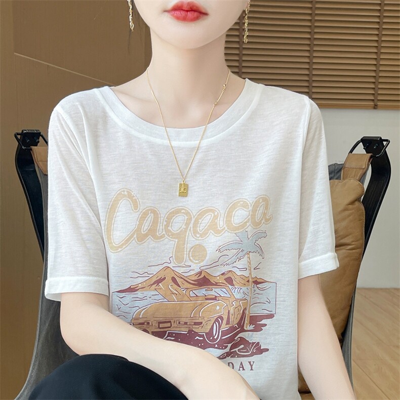圆领夏季新款短袖宽松百搭T恤背心上衣小众别致气质上衣,女装T恤,绒宛羊绒