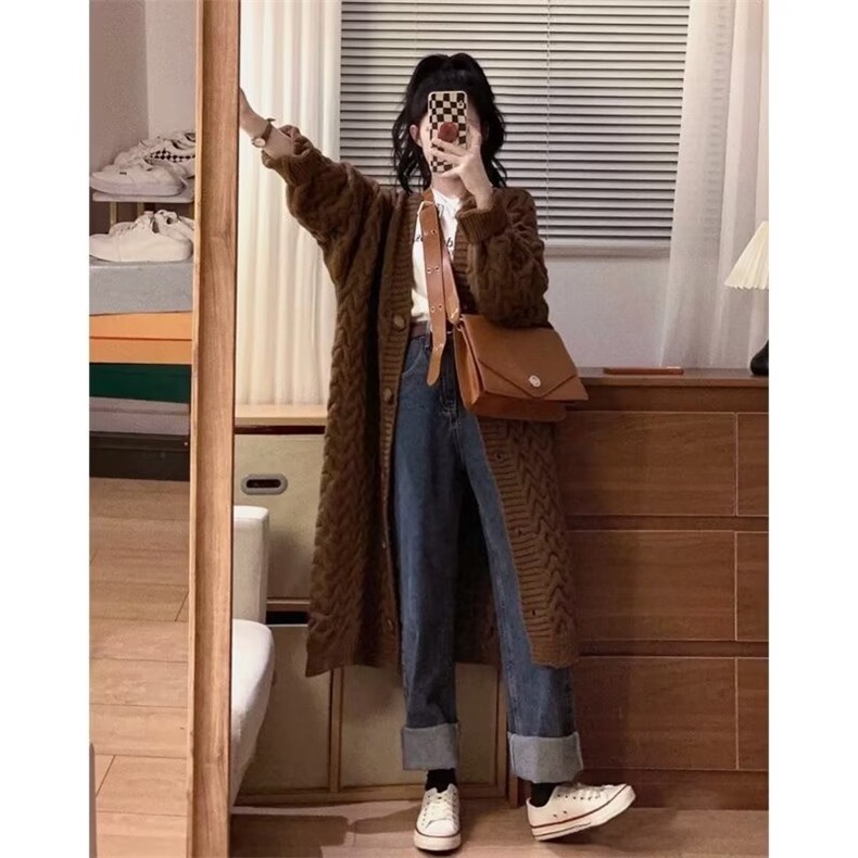 慵懒风纯色中长款毛衣开衫女春秋冬小众设计感过膝针织衫宽松外套,男装针织衫/毛衣,星座1210-1