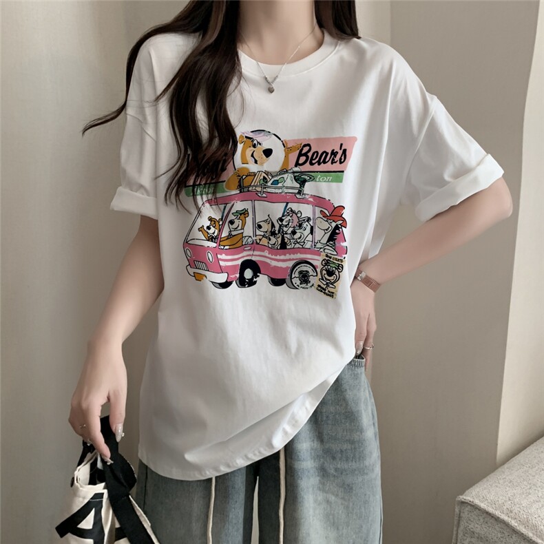 T0727-P25 卡通动物巴士纯棉印花T 甜美减龄T恤粉红少女短袖图片