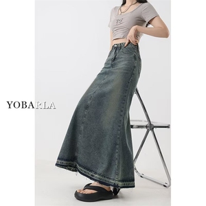 大码胖mm牛仔裙女半身裙中长款春秋季高腰显瘦毛边a字裙包臀长裙图片