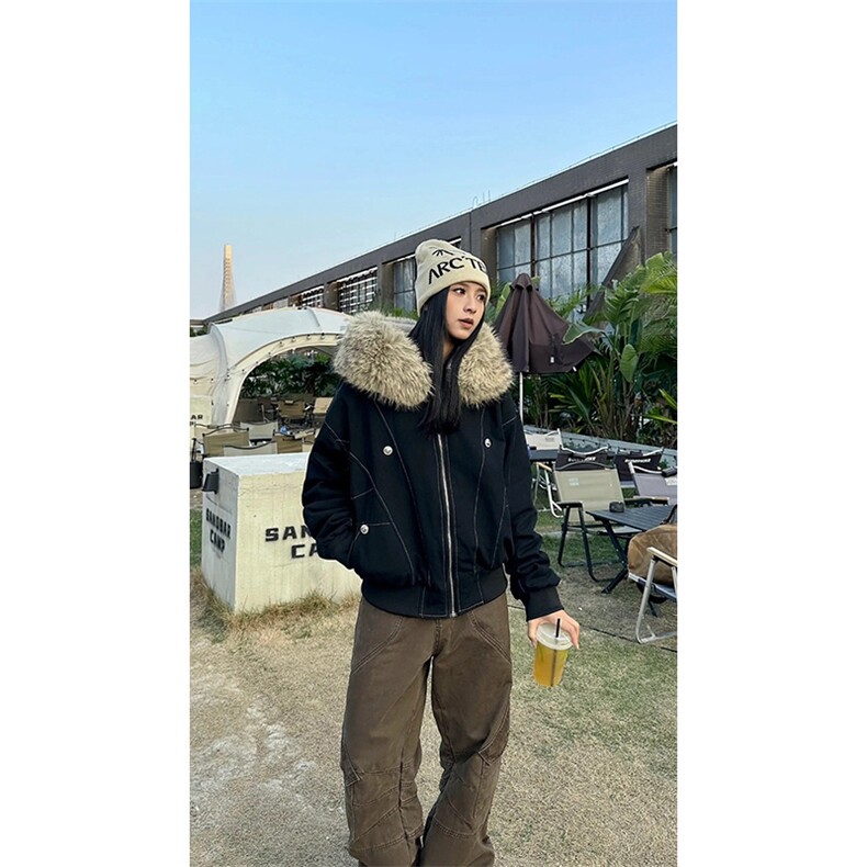 现货重磅boxy短款棉衣座山雕大毛毛领男女棉服水洗工装厚外套,男装棉衣,电商A486