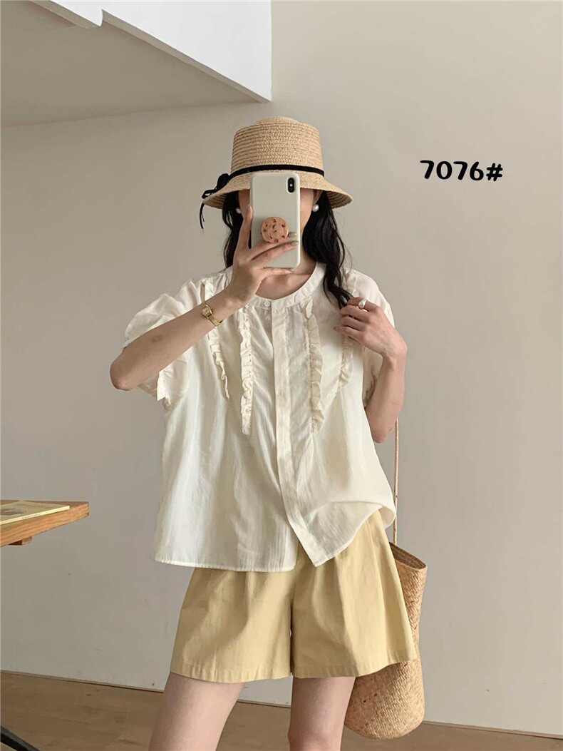 2025年夏季短袖圆领落肩袖修身型兰精天丝木耳朵重工小衫,女装衬衫,洛丽兰可