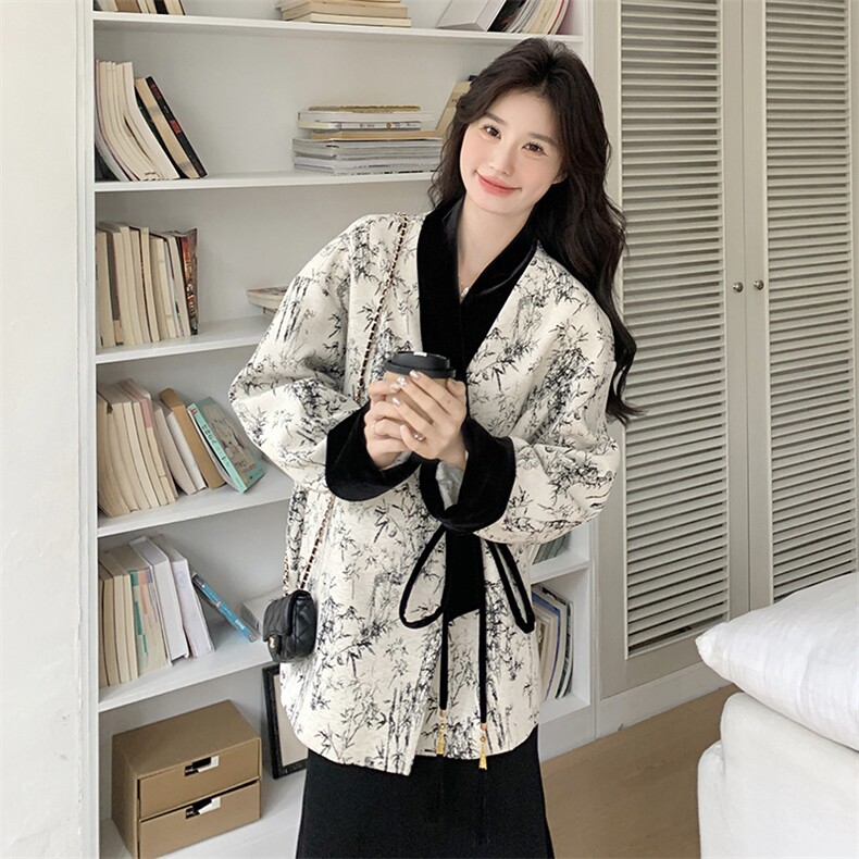 撞色新中式水墨印花外套女2025春秋季新款轻国风复古休闲显瘦上衣,女装大码女装,浙宝208