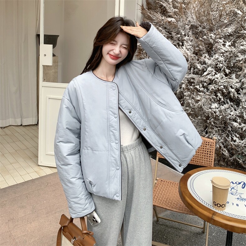 浅蓝色小香风撞色羽绒棉服外套女秋冬2025新款小个子棉服加厚棉袄,女装棉衣/棉服,2B142