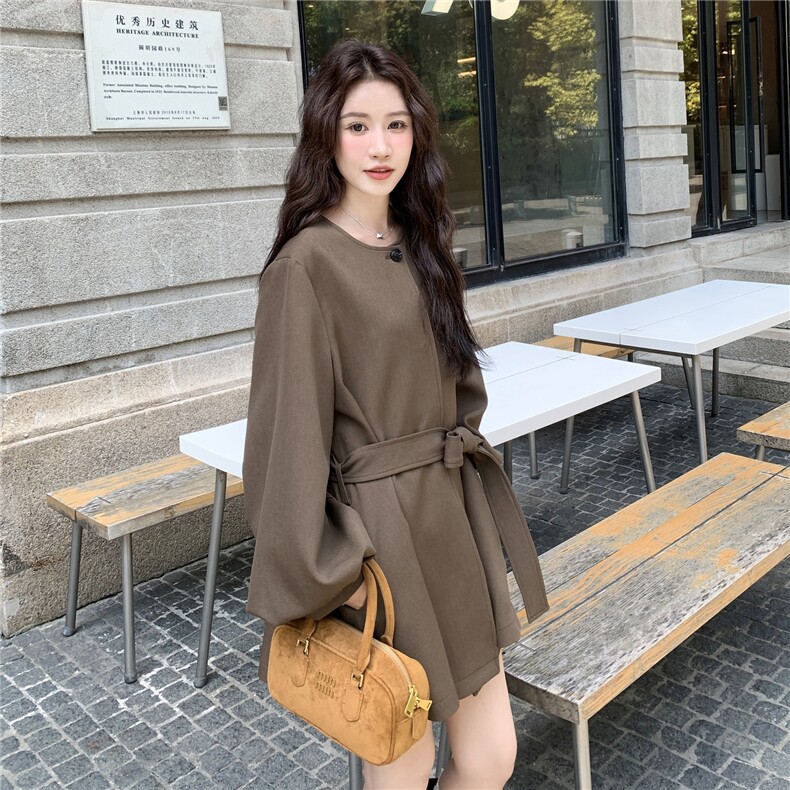 针织披肩风衣外套女2025秋季新款宽松休闲小个子收腰系带气质大衣,女装风衣,2C253