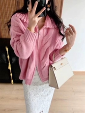 纯色山羊绒开衫女POLO领宽松针织衫毛衣外套，女装羊绒衫，大千羊绒