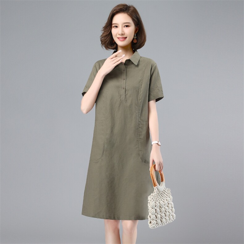 棉麻连衣裙女2025夏季新款中年妈妈气质休闲短袖直筒裙衬衫领裙子,女装连衣裙,韩派