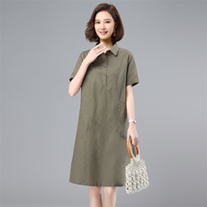 棉麻连衣裙女2025夏季新款中年妈妈气质休闲短袖直筒裙衬衫领裙子，女装连衣裙，韩派