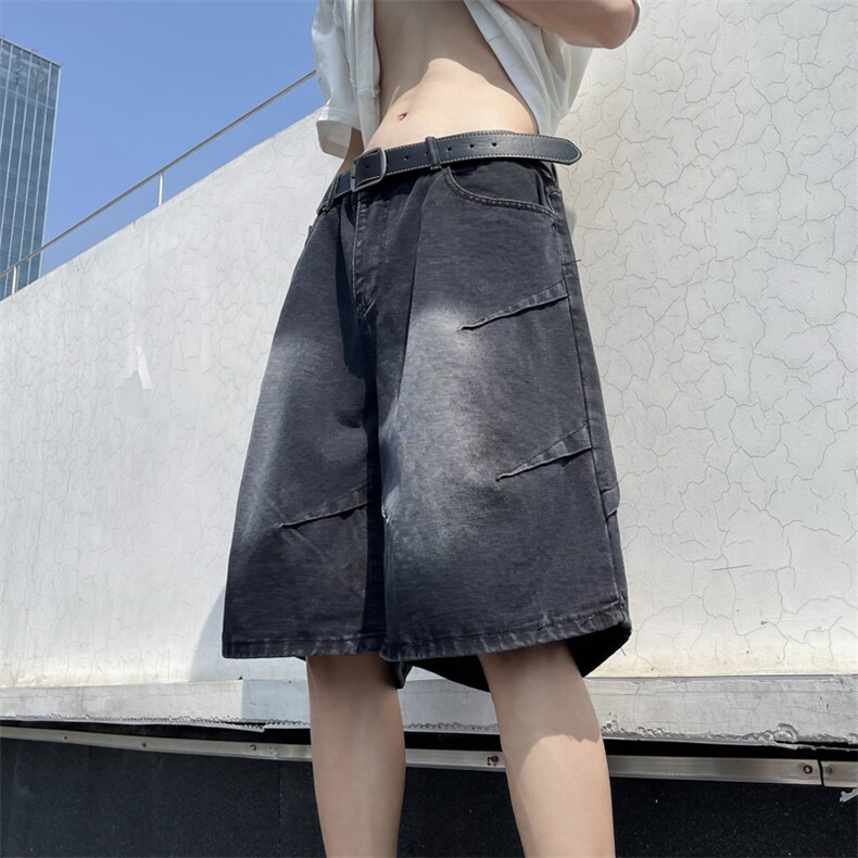 港风夏款男牛仔短裤渐变色刀割拼接宽松直筒五分裤D2133P43,男装牛仔裤,星座1013-1