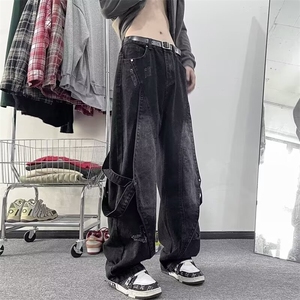 秋季拼接假两件牛仔裤男直筒做旧水洗高街美式休闲潮牌痞帅裤子图片