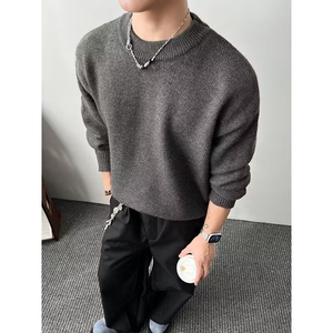 慵懒文艺新款冬季百搭宽松慵懒风假两件撞色灰色圆领针织毛衣男