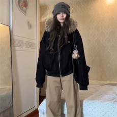 现货重磅boxy短款棉衣座山雕大毛毛领男女棉服水洗工装厚外套，男装棉衣，电商A486-1