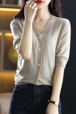 2022新款春夏薄款V领精纺羊绒开衫短袖女针织半袖纯羊毛宽松外搭，女装羊毛衫，总能电商供货