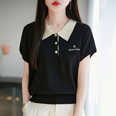 夏季新款撞色POLO领针织短袖女洋气宽松显瘦减龄冰丝翻领T恤上衣，女装T恤，菲奥羊绒