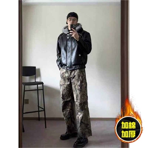 现货冬季美式潮牌痞帅PU皮机车服棉衣毛毛绒狼王座山雕皮棉服图片