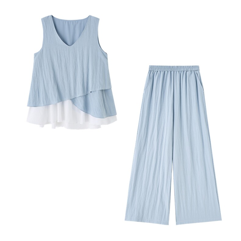 （新款现货）2026夏装时尚莱赛尔花苞假两件上衣阔腿裤套装两件套,女装套装/套裙,印象茜