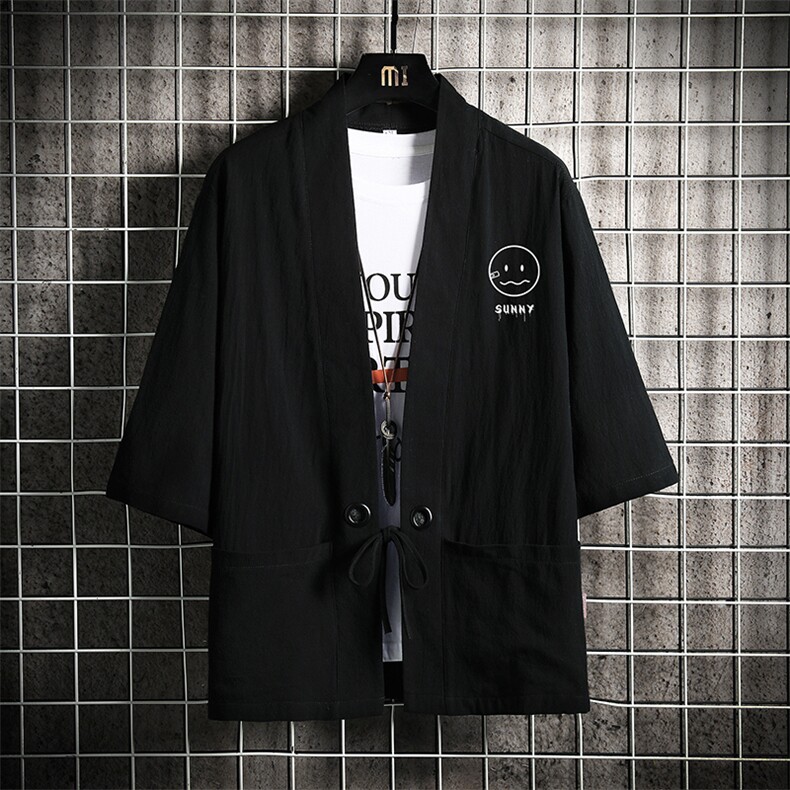 HF59072-P40风汉服男开衫外套七分袖道袍网格挂拍,男装民族服装,电商A040A